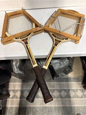 Olivers Wooden Tennis Racquet Pair with Brown Leather Grips - Natural Wood